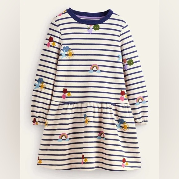 NWT Mini Boden Stripe Rainbow Clouds Sweatshirt Dress, Size 9-10 - Picture 8 of 9